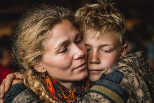 A woman hugging a young boy in a military uniform photo