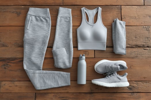 A set of grey athletic clothing on a wooden floor photo