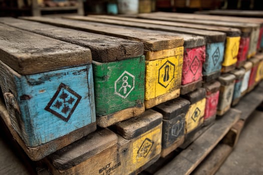 A pile of wooden crates with different colored paint on them photo