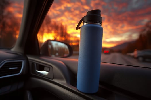 A blue water bottle sitting on the dashboard of a car photo