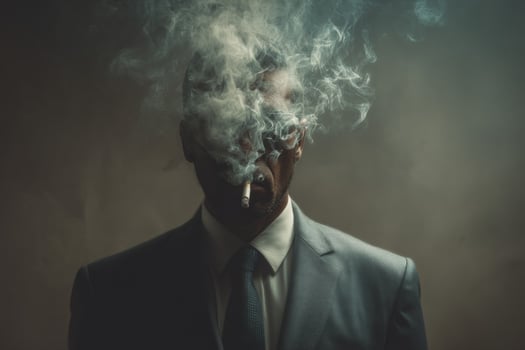 A man in a suit and tie is smoking a cigarette photo