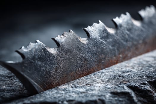 A large metal blade is sitting on top of a rock photo