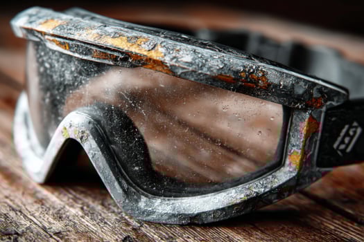 A pair of goggles on a wooden table photo