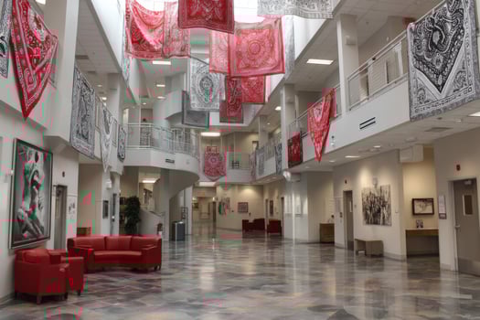 A hallway with red and white banners hanging from the ceiling photo