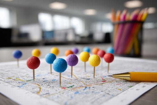 Colorful pins on a map with a pencil photo