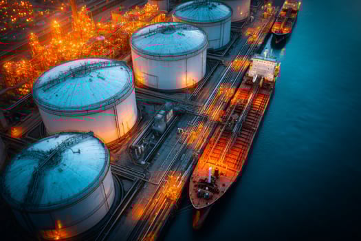 Oil storage tanks at night in an industrial area photo