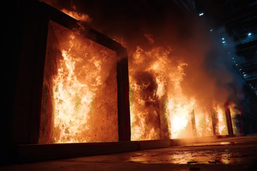 A large fire burning in a factory photo