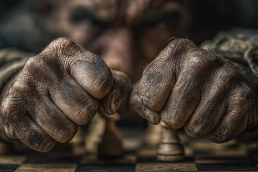 A man with dirty hands playing chess photo