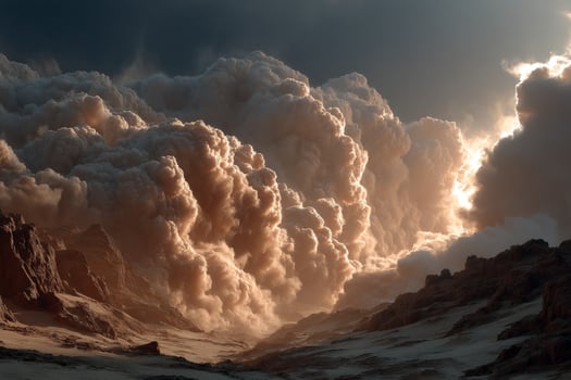 A large cloud of dust is rising over a mountain photo