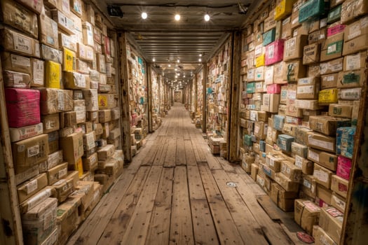 A long hallway filled with boxes of different colors photo