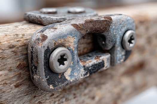 A rusty metal latch on a wooden surface photo