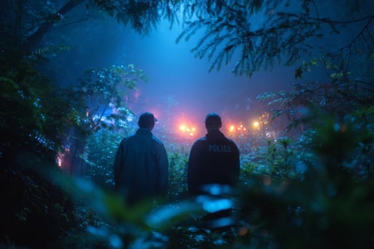 Two men standing in the woods at night photo