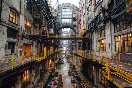 An industrial area with a lot of stairs and a lot of windows photo