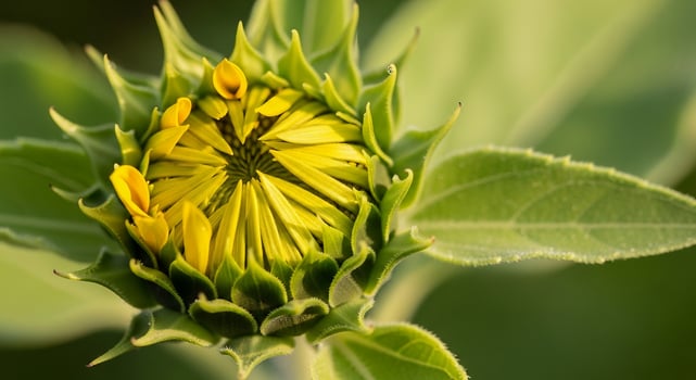 A sunflower with yellow petals and green leaves photo