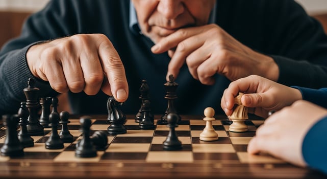 An older man playing chess with a young boy photo