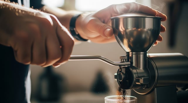 A person is using a coffee grinder to grind coffee photo