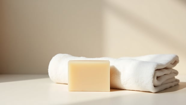Organic soap and white towel for spa day concept for healthy skin and body care in bathroom setting photo