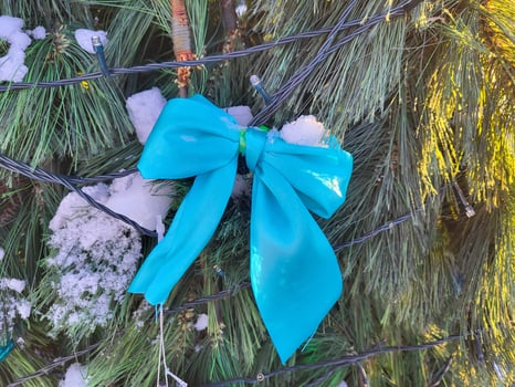 Part of a Christmas tree with a blue bow. The concept of Christmas and New Year photo