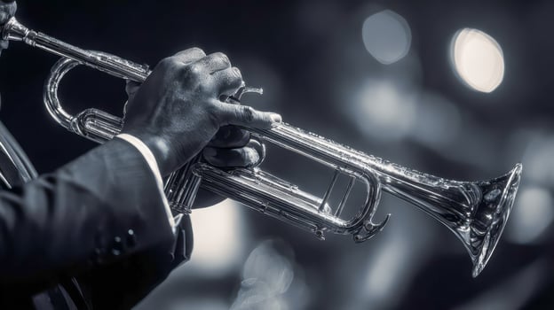 Close up of trumpeter's hands during concert performance, jazz musician with wind instrument photo