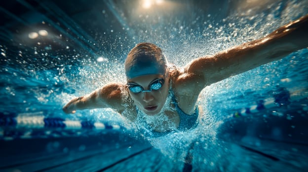 Swimmer in action underwater, intense freestyle in professional pool photo
