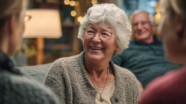 Happy elderly woman laughing with family, warm holiday gathering at home photo