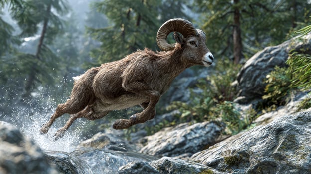 Mountain goat jumping over rocks photo