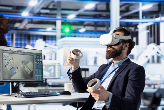 Photovoltaics factory engineer analyzing data using VR headset to review system health. Solar panels plant specialist troubleshooting issues using virtual reality tech, diagnosing faults photo