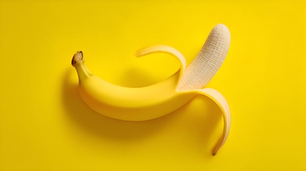 Ripe banana partially peeled on vibrant yellow background photo