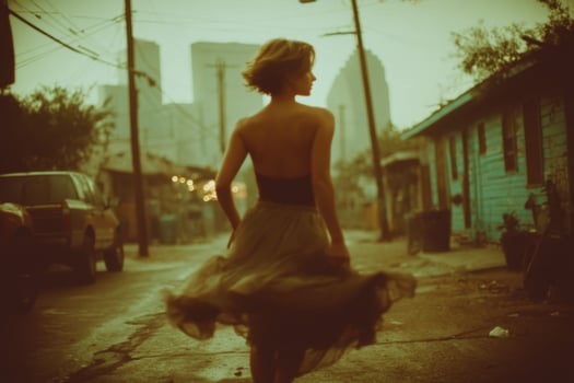 A woman in a skirt walking down a street photo
