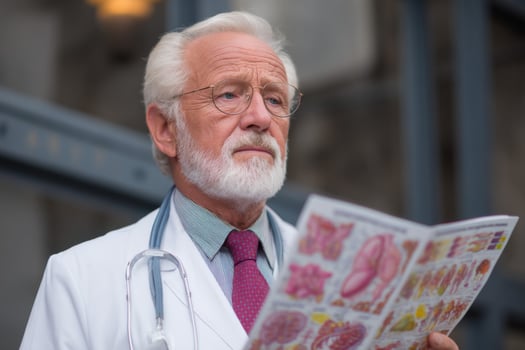An older man in a white coat and glasses is holding a book photo