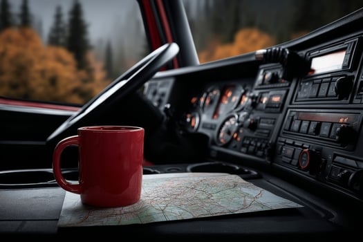 A coffee cup and map in the cab of a truck photo