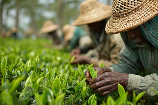 A man picking tea leaves in a field photo