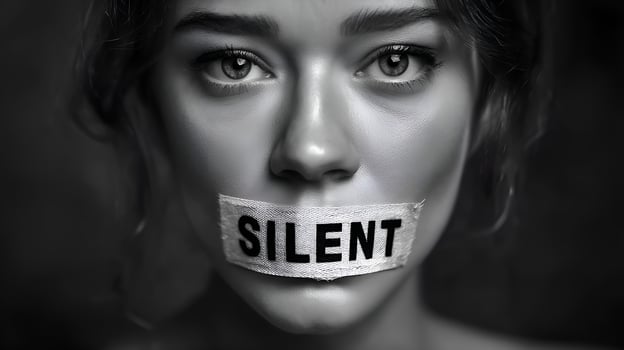 Woman with mouth covered by tape showing silent sign photo