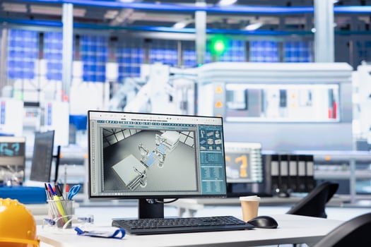 Computer in photovoltaics factory used to oversee performance of robot arms placing solar panels on assembly lines. PC display in empty facility used for upgrading solar plant machinery photo