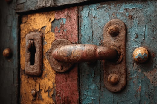 A close up of a wooden door with a rusty lock photo