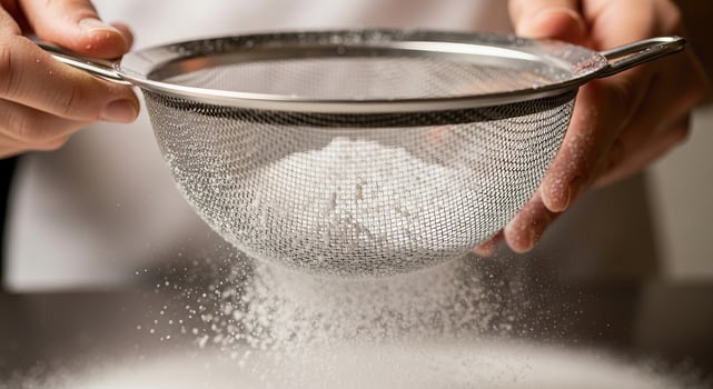 A person is holding a strainer over a bowl of sugar photo