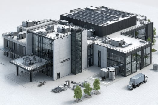 A 3d rendering of a large building with a solar panel photo