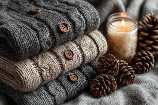 Three sweaters with pine cones and candles photo