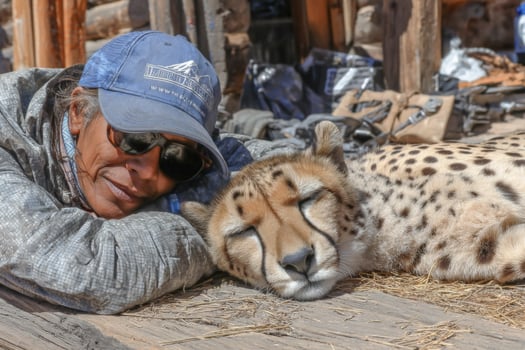 A man in a hat and sunglasses laying down next to a cheetah photo