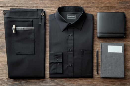 A black shirt, black pants, pen, wallet and notebook photo