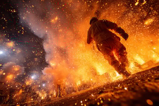 A man walking through a fire with sparks flying photo