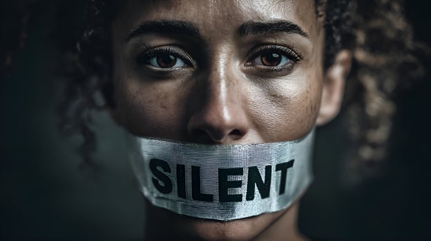 Young woman with mouth covered by tape showing silent writing photo