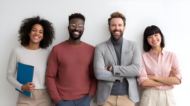 Smiling businesspeople standing together against white wall photo
