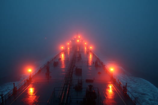 A ship in the fog with red lights photo