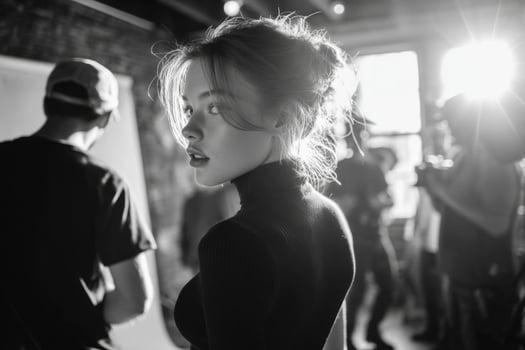 A woman in a black dress standing in front of a camera photo