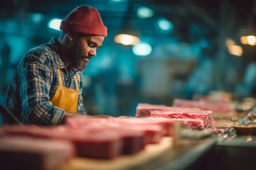 A man in an apron is cutting meat on a counter photo