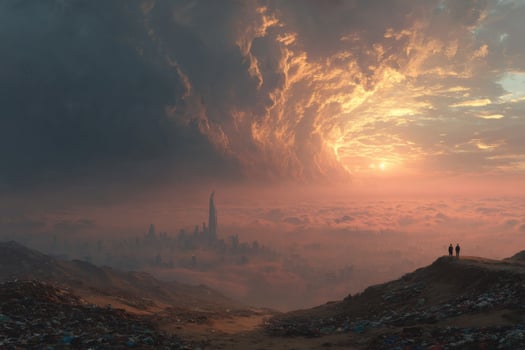 A man and woman standing on a hill overlooking a city photo