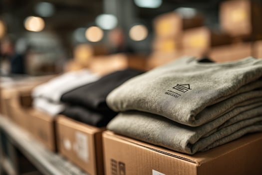 A stack of shirts on top of boxes in a warehouse photo