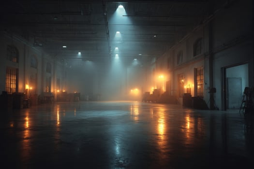 An empty warehouse with lights shining on it photo