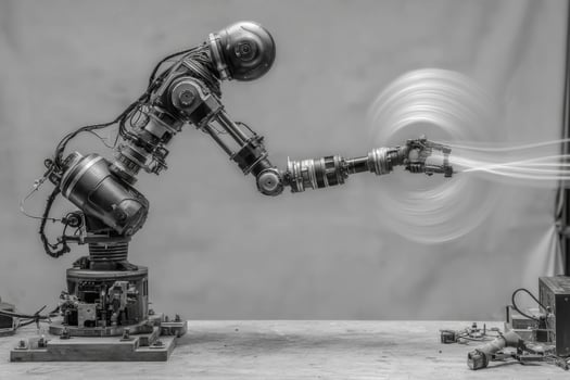 A black and white photo of a robot with a spinning arm